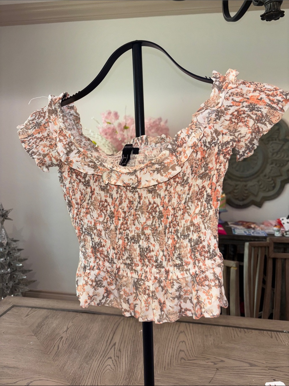 Forever 21 Cream Floral Smocked Ruffle Crop Top
